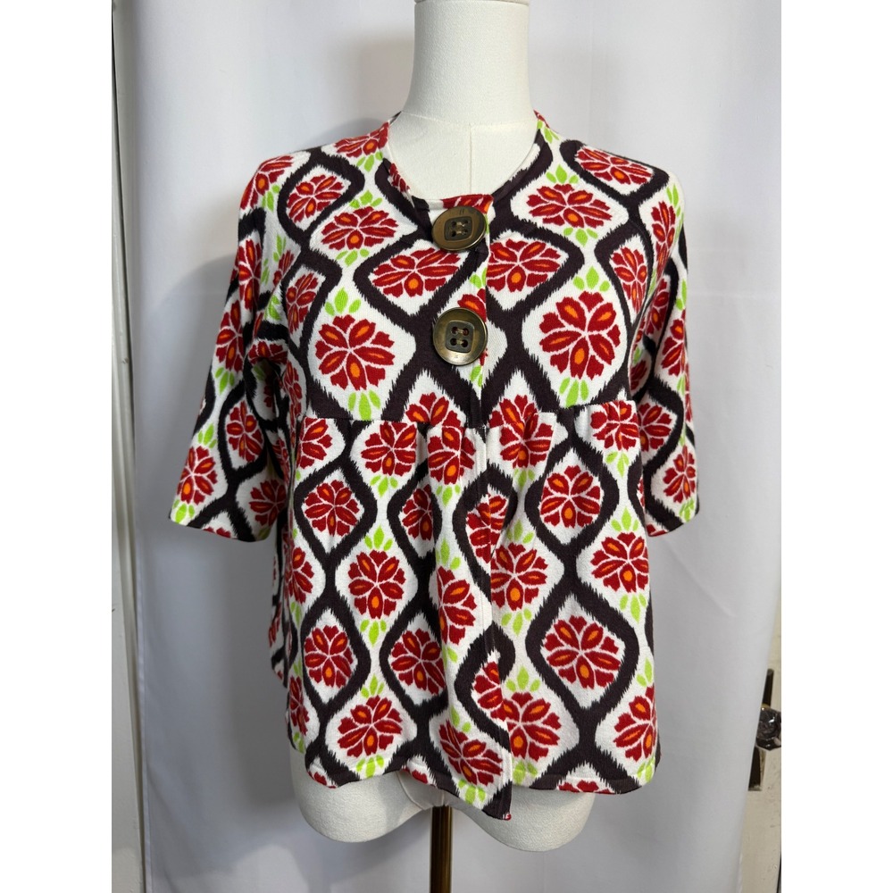 Cyrus Womens Red Floral Ikat Knit Cardigan Top Short Sleeve Snap Front Size M